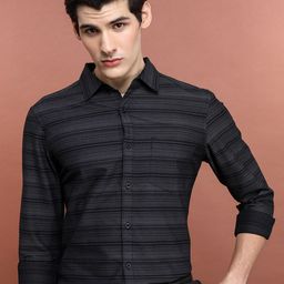 HIGHLANDER Black Slim Fit Horizontal Stripes Spread Collar Long Sleeve Cotton Casual Shirt-image-81