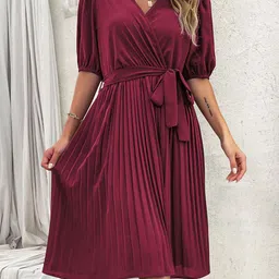 StyleCast Magenta V-Neck Puff Sleeves Pleated Wrap Dress-image-51