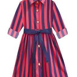 A T U N Girls Red & Navy Blue Striped Shirt Dress-picture-15