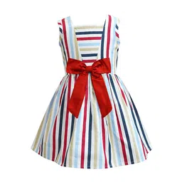 A T U N Multicoloured Striped Pure Cotton Bow Dress-image-56