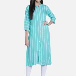 Fabclub Women Turquoise Blue & White Striped Straight Kurta-image-77