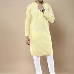 Anouk Yellow Floral Embroidered Mandarin Collar Chikankari Straight Kurta-image-50