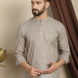 Anouk Brown Striped Woven Design Band Collar Long Sleeves Cotton Kurta-image-45