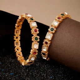 ATIBELLE Set of 2 Gold-Plated Stone-Studded Floral Bangles-1