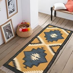 Budhrajrugs Blue & Yellow Geometric Woven Rectangular Dhurrie-41