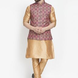 Benstoke Men Copper-Toned Ethnic Motifs Printed Angrakha Dupion Silk Kurta with Churidar-picture-51