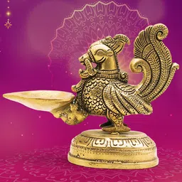 PujaNPujari Gold Toned Textured Brass Peacock Diya-10