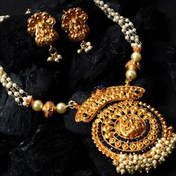 ANIKAS CREATION Gold-Plated & Blue Stone Studded and Pearl Temple Jewellery Set-image-15