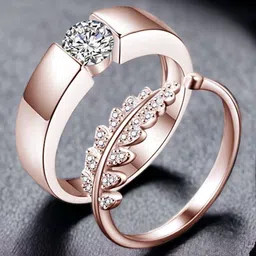 MYKI Set Of 2 Rose Gold-Plated CZ-Studded Couple Adjustable Finger Rings-46