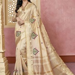 Mitera Cream-Coloured & Gold-Toned Ethnic Motifs Embroidered Saree-image-1