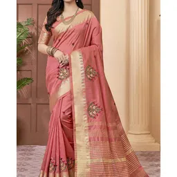 Mitera Pink & Gold-Toned Floral Embroidered Silk Cotton Saree-image-77