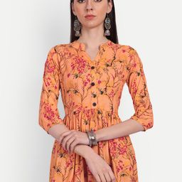 HANUMNTRA Tropical Printed Mandarin Collar Gathered Detailed Longline A-Line Top-image-20