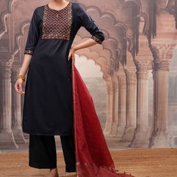 Vishudh Navy Blue Floral Embroidered Straight Kurta with Palazzo & Dupatta-picture-11
