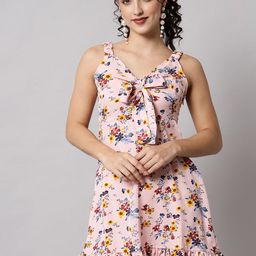 emeros Rose Gold & Blue Floral Flounce Hem Strappy Crepe Dress-image-51