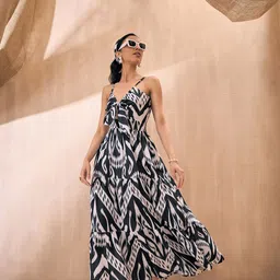 Pink Paprika by SASSAFRAS Ikat Printed Shoulder Straps Tie-Ups Fit & Flare Maxi Dress-picture-20