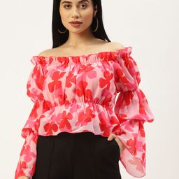 AKIMIA Pink & Fuchsia Floral Print Off-Shoulder Georgette Bardot Crop Top-7