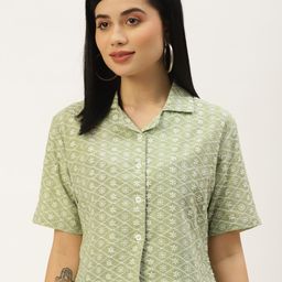 AKIMIA Green Floral Embroidered Cotton Shirt Style Crop Top-image-37