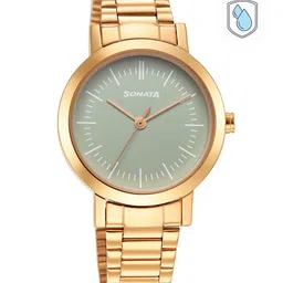 Sonata Women Green Brass Dial & Gold Toned Stainless Steel Straps Analogue Watch 8174WM04-17