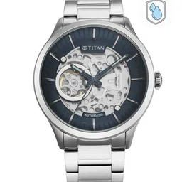 Titan Men Blue Skeleton Dial & Silver Toned Bracelet Style Straps Analogue Watch90140SM01-15