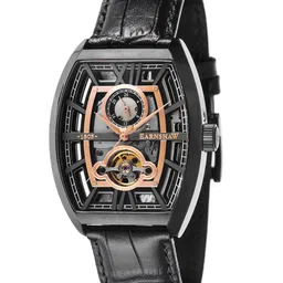 EARNSHAW Men Black Skeleton Dial & Black Leather Textured Straps Analogue Automatic Motion Powered Watch-3