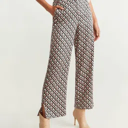 MANGO Women Peach-Coloured & Blue Straight Fit Printed Parallel Trousers-image-25