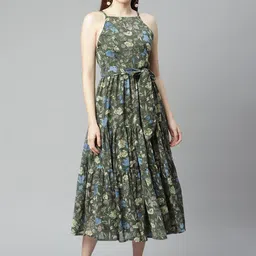 plusS Green & Blue Floral Printed A-Line Midi Tiered Dress-image-43
