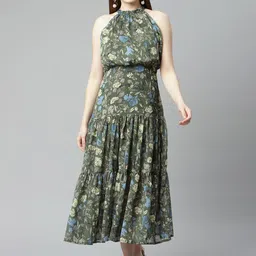 plusS Green & Blue Floral A-Line Midi Tiered Dress-image-102
