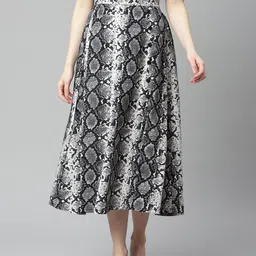 plusS Women White & Black Animal Skin Print Flared Hem A-line Midi Skirt-image-71