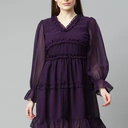 plusS Purple Solid Ruffle Tiered A-Line Dress-image-81