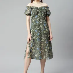 plusS Green & Grey Floral Print Off-Shoulder A-Line Dress-image-83