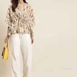 Shae by SASSAFRAS Off White & Brown Printed Pure Cotton Kaftan Top-picture-49