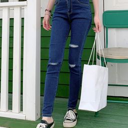 URBANIC Women Navy Blue Cotton Skinny Fit Slash Knee Stretchable Jeans-image-8