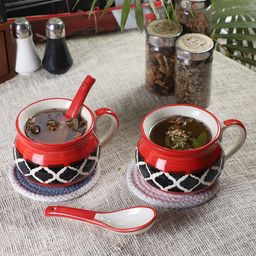CDI Red & Black Set of 2 Printed Ceramic Soup Mugs And Spoons-5