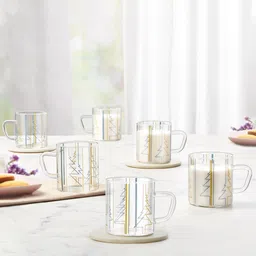 BOROSIL Artisan Transparent & Blue 6 Pieces Printed Glass Mugs - 210 ML Each-30