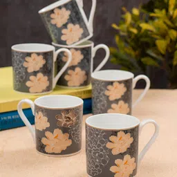 JCPL White & Orange 6 Pieces Floral Printed Ceramic Glossy Mugs Set 200 ml Each-53