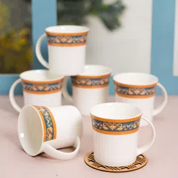JCPL White & Orange 6 Pieces Floral Printed Ceramic Glossy Cups 200 ml Each-42