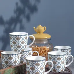 GOODHOMES White & Brown Set of 6 Printed Bone China Glossy Mugs 190 ml Each-31