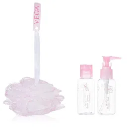 VEGA 3 Pcs Travel Kit - Refillable Storage Plastic Container Bottles & Bath Sponge VCP-12-58