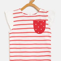 mothercare Girls White & Red Striped Pure Cotton Cap Sleeves Top with Pocket Detail-27