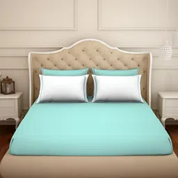 SPACES Green & White 350 TC Cotton King Bedsheet with 4 Pillow Covers-67