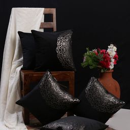 HOSTA HOMES Black & Silver-Toned Set of 5 Ethnic Motifs Velvet Square Cushion Covers-22