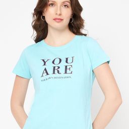 Mast & Harbour Blue & Black Typography Printed Pure Cotton T-shirt-image-92