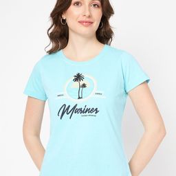 Mast & Harbour Blue Typography Printed Pure Cotton T-shirt-image-91
