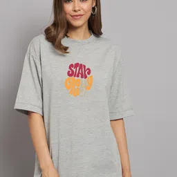 Imsa Moda Typography Printed Round Neck Drop-Shoulder Sleeves Pure Cotton T-shirt-image-99