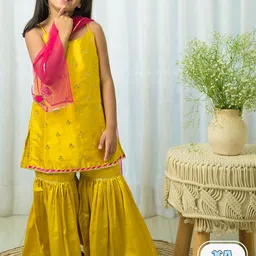 Fairies Forever Girls Embroidered Regular Sequinned Kurta With Sharara & Dupatta-17