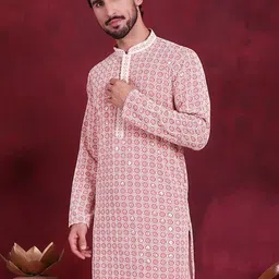 Anouk Peach-Coloured & Off White Geometric Embroidered Sequinned Straight Kurta-picture-10