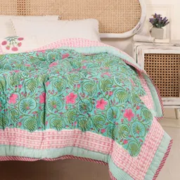 Peepul Tree Turquoise Blue & Green Floral Reversible AC Room 300 GSM Single Bed Quilt-89