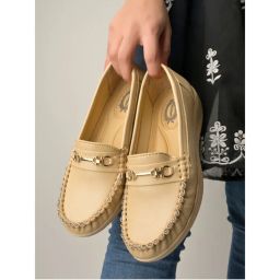 Shoetopia Women Upper Metallic Buckle Detailed Beige Loafers-picture-16
