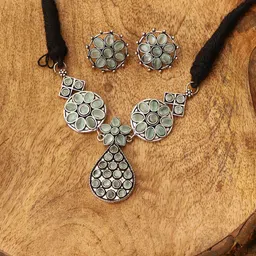 VENI Sea Green And Silver Toned Silver Plated AD Studded Oxidized Jewellery Set-picture-1