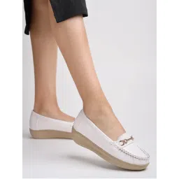Shoetopia Upper Metalic Buckle Detailed White Loafers for Women-picture-25